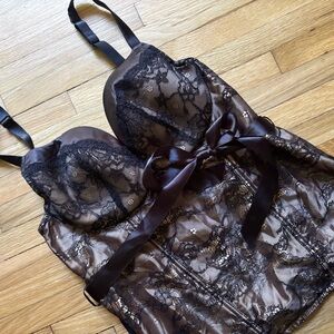 Cacique Corset 14/16 Black Tan Lace‎ Bow Lingerie Underwire Sexy Dark Romantic